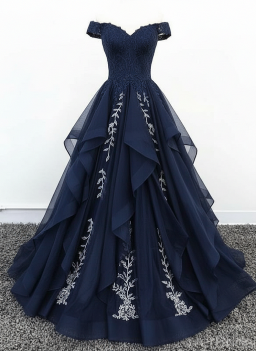 Off Shoulder Navy Blue Lace Long Prom Dress Lace Formal Evening Dress
