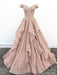 Off Shoulder Champagne Lace Long Prom Dresses, Off the Shoulder Champagne Formal Dresses, Champagne Lace Evening Dresses