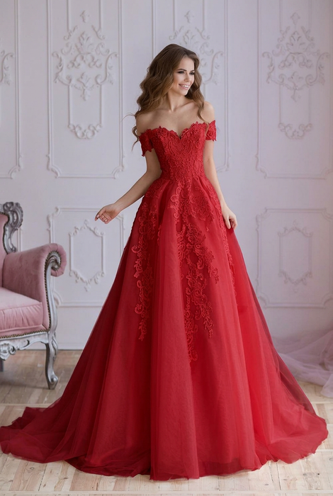 Off Shoulder Lace Prom Dress - Red