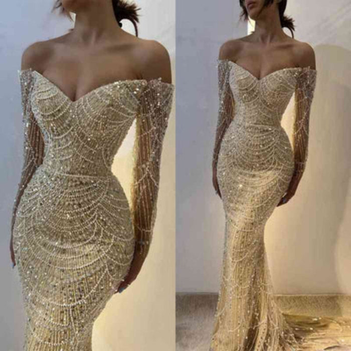 Off Shoulder Long Sleeves Mermaid Prom Dress Beadings Long Evening Dress