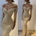 Off Shoulder Long Sleeves Mermaid Prom Dress Beadings Long Evening Dress