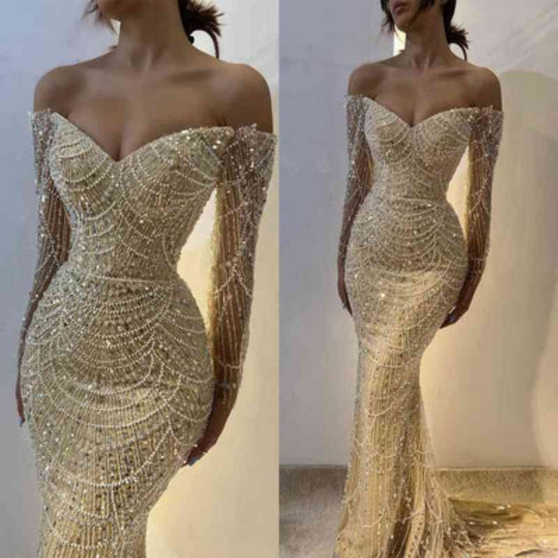 Off-Shoulder Beaded Embroidery Mermaid Prom Dress main image 0