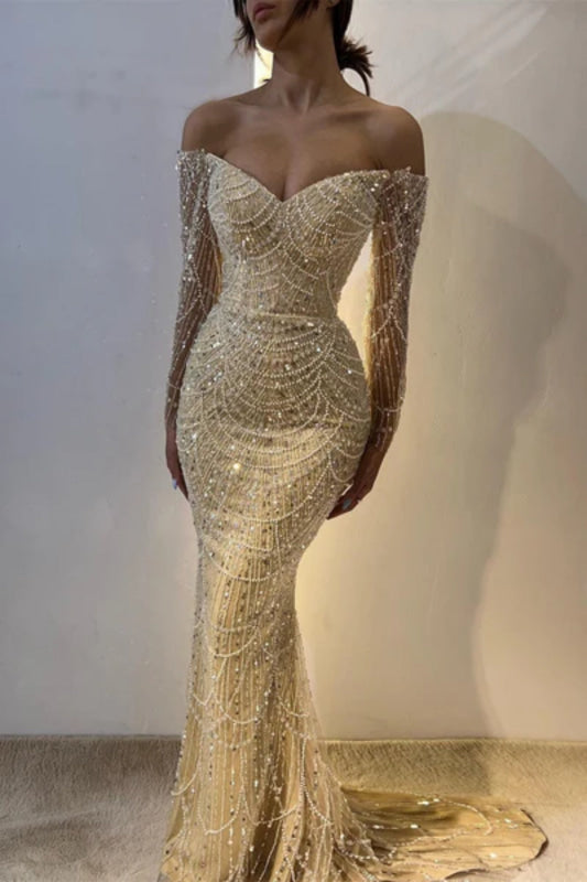 Long Sleeves Beads Mermaid Appliques Prom Dress With Ruffles main image 1
