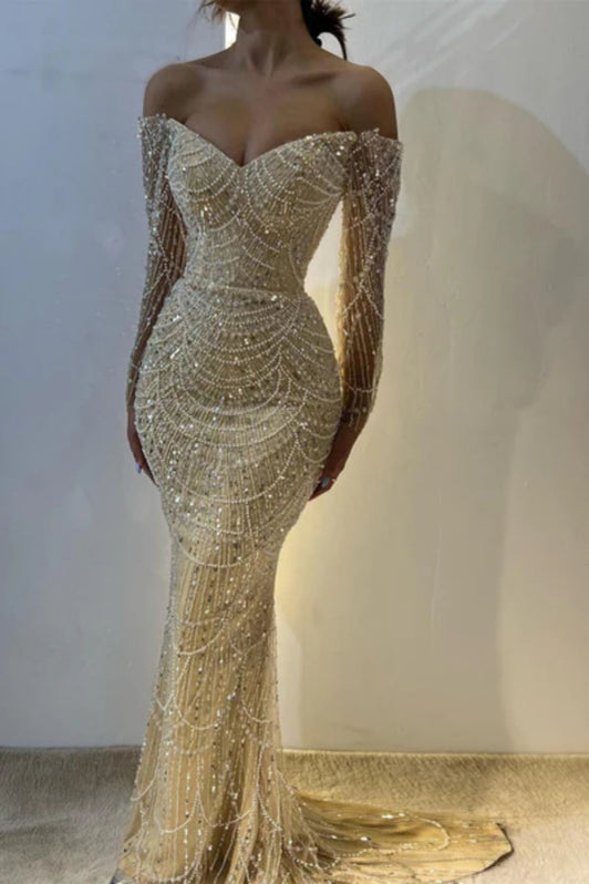 Gorgeous Off-the-Shoulder Long Sleeves Mermaid Prom Dress With Beadings Ruffles
