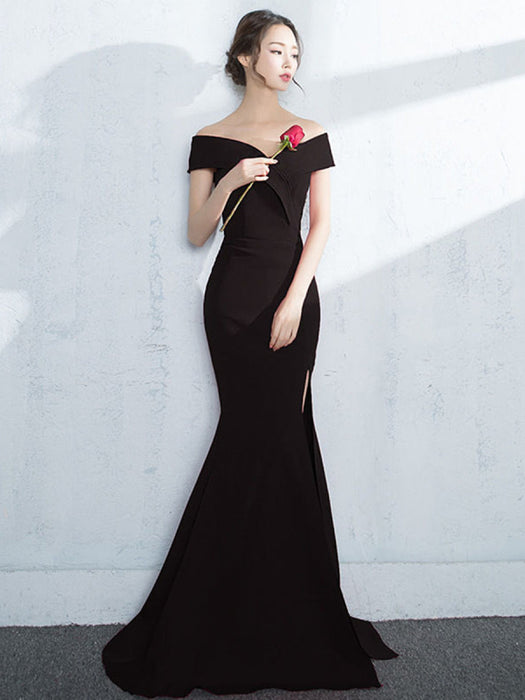 Off Shoulder Mermaid Burgundy/Navy Blue/Black Satin Long Prom Dresses with Slit, Burgundy/Navy Blue/Black Mermaid Formal Dresses, Evening Dresses