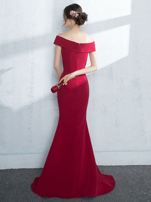 Off Shoulder Mermaid Burgundy/Navy Blue/Black Satin Long Prom Dresses with Slit, Burgundy/Navy Blue/Black Mermaid Formal Dresses, Evening Dresses