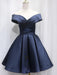 Off Shoulder Blue Satin Short Prom Dresses, Off the Shoulder Blue Formal Graduation Homecoming Dresses