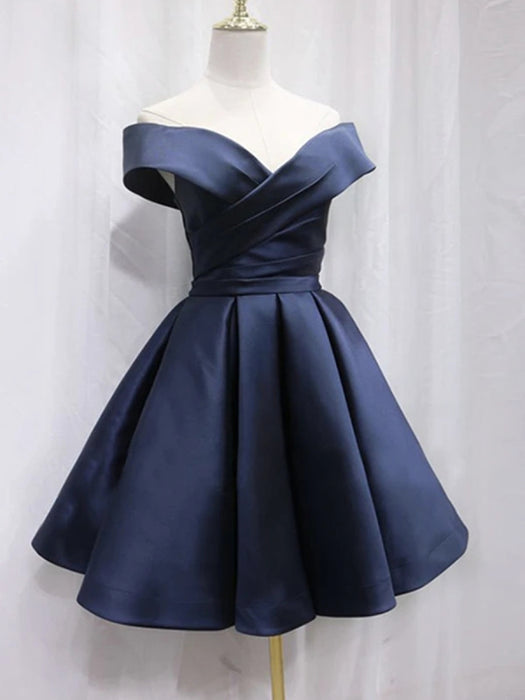 Off Shoulder Blue Satin Short Prom Dresses, Off the Shoulder Blue Formal Graduation Homecoming Dresses