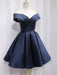 Off Shoulder Blue Satin Short Prom Dresses, Off the Shoulder Blue Formal Graduation Homecoming Dresses