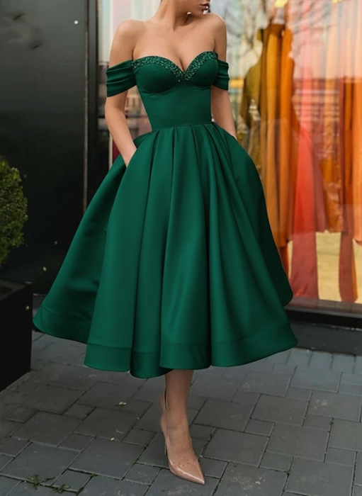 Off Shoulder Emerald Green Satin Tea Length Prom Dresses with Sequins