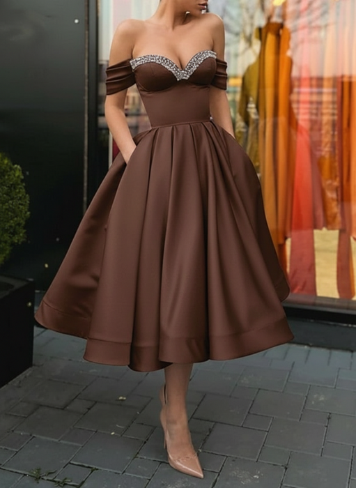 Off Shoulder Chocolate Satin Tea Length Prom Dresses with Sequins