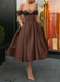 Off Shoulder Chocolate Satin Tea Length Prom Dresses with Sequins