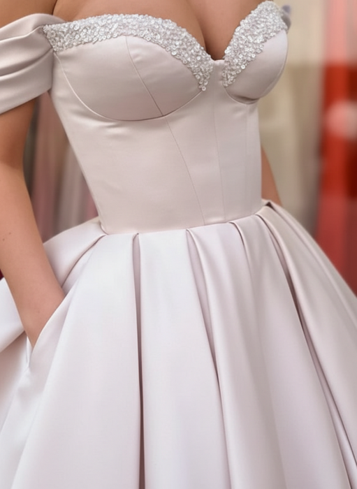 Off Shoulder Satin Tea Length Prom Dresses Sequins Pink Formal Graduation Evening Dresses