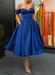 Off Shoulder Royal Blue Satin Tea Length Prom Dresses with Sequins