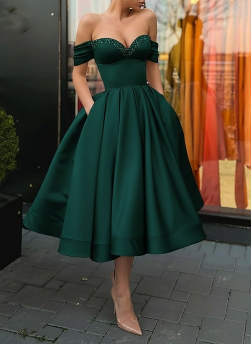 Off Shoulder Dark Green Satin Tea Length Prom Dresses with Sequins