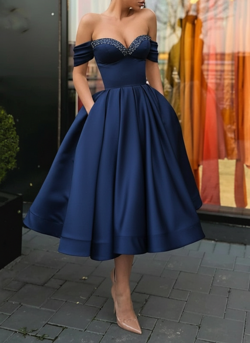 Off Shoulder Navy  Satin Tea Length Prom Dresses with Sequins