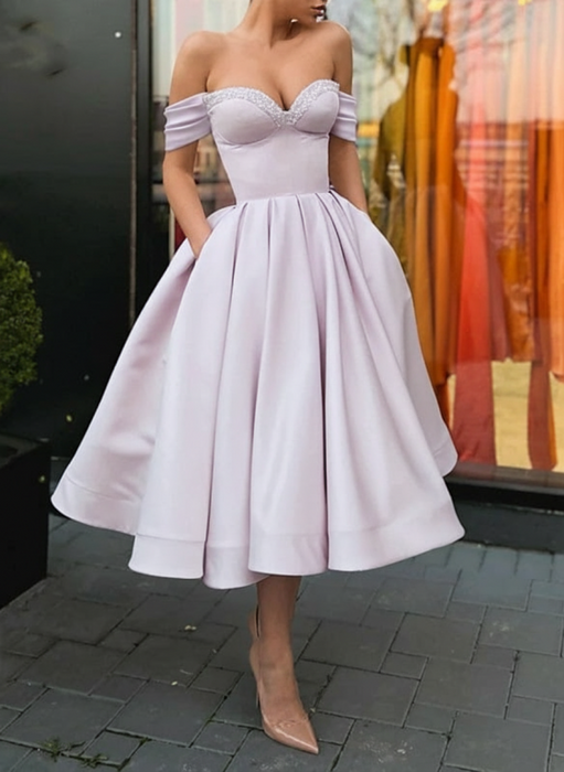 Off Shoulder Lavender Satin Tea Length Prom Dresses with Sequins