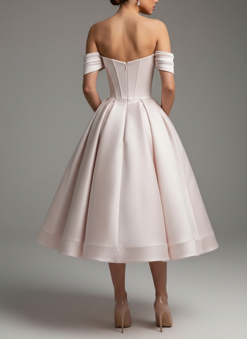 Off Shoulder Pink Satin Tea Length Prom Dresses with Sequins, Off the Shoulder Pink Formal Graduation Evening Dresses 