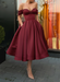 Off Shoulder Burgundy Satin Tea Length Prom Dresses with Sequins