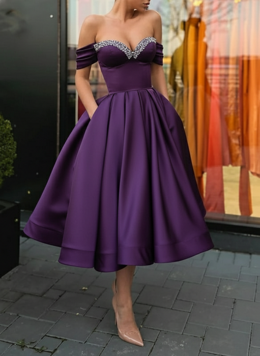Off Shoulder Regency Satin Tea Length Prom Dresses with Sequins 
