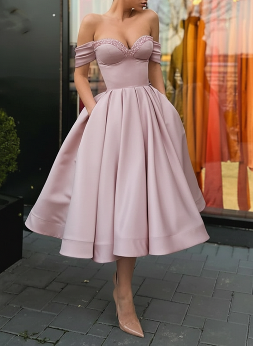 Off Shoulder Dusty pink Satin Tea Length Prom Dresses with Sequins 
