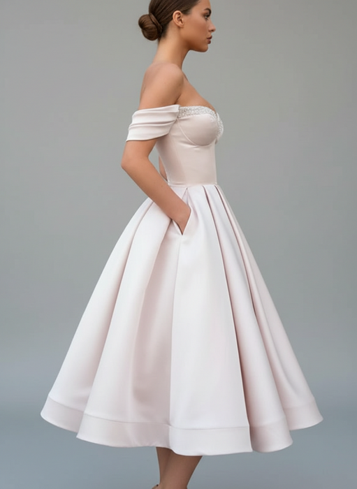 Off Shoulder Satin Tea Length Prom Dresses Sequins Pink Formal Graduation Evening Dresses