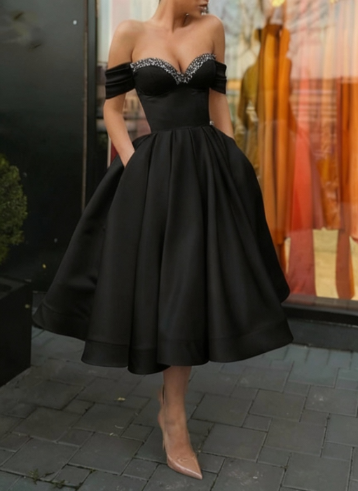 Off Shoulder Black Satin Tea Length Prom Dresses with Sequins