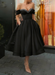 Off Shoulder Black Satin Tea Length Prom Dresses with Sequins