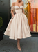 Off Shoulder Champagne Satin Tea Length Prom Dresses with Sequins