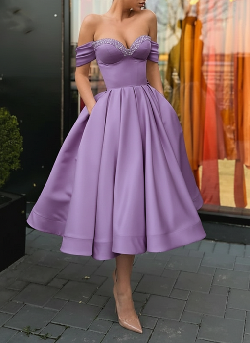 Off Shoulder Lilac Satin Tea Length Prom Dresses with Sequins