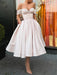 Off Shoulder Pink Satin Tea Length Prom Dresses with Sequins, Off the Shoulder Pink Formal Graduation Evening Dresses 