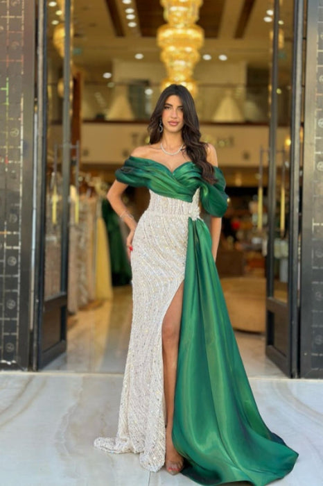 Off-Shoulder Prom Gown with Sparkling Sequins and Daring Slit - Prom Dresses