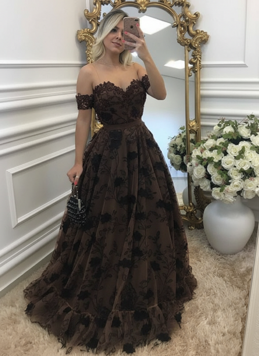 off-shouler lace prom-dresses long with appliques evening dresses