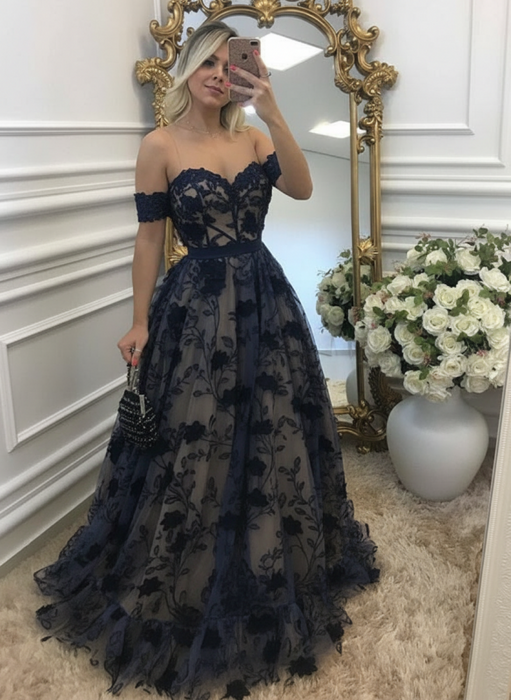 off-shouler lace prom-dresses long with appliques evening dresses