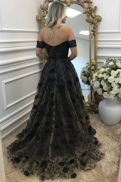 Off Shouler Black Lace Prom Dresses Long with Appliques Evening Dresses - Dress