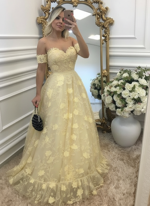 off-shouler lace prom-dresses long with appliques evening dresses