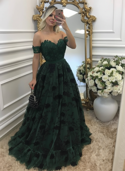 off-shouler lace prom-dresses long with appliques evening dresses