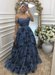 off-shouler dusty blue lace prom-dresses long with appliques evening dresses