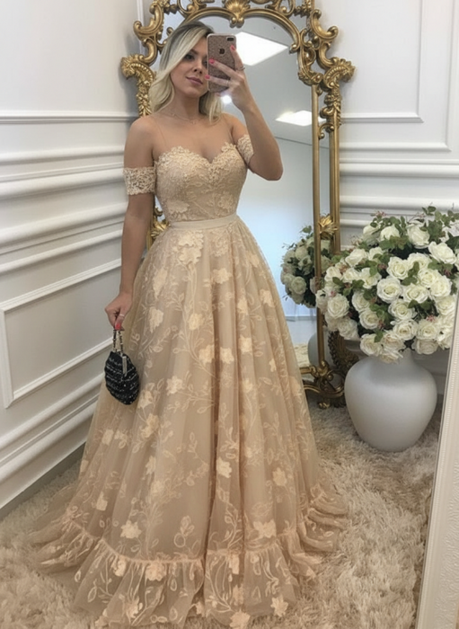 off-shouler champagne lace prom-dresses long with appliques evening dresses