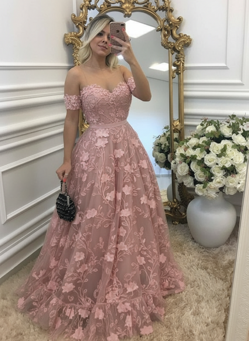 Blush Pink off-shouler lace prom-dresses long with appliques evening dresses