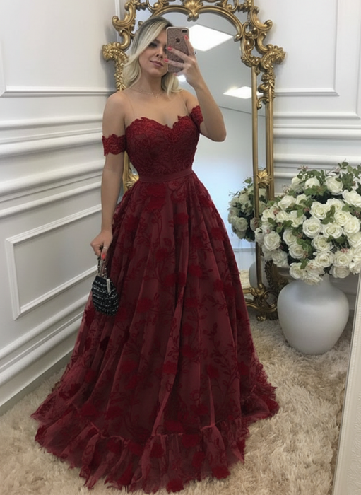 off-shouler red lace prom-dresses long with appliques evening dresses