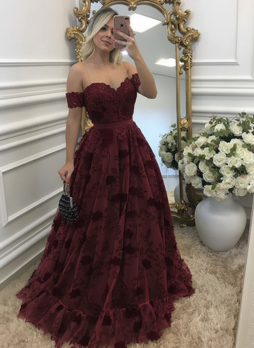 off-shouler lace prom-dresses long with appliques evening dresses
