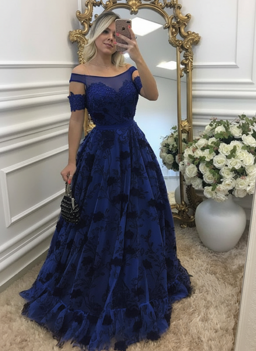 off-shouler lace prom-dresses long with appliques evening dresses