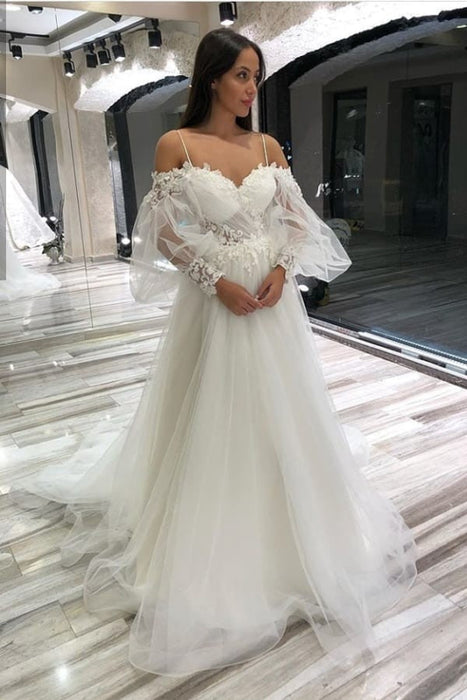 Off-the-Shoulder A-Line Wedding Gown with Lace Appliques Tulle Long Sleeves