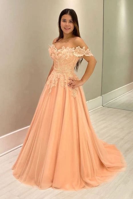 Off-the-Shoulder Aline Wedding Guest Dress with Floral Tulle Evening Dress - Prom Dresses