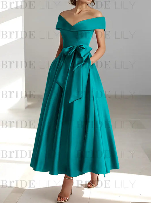 Sleeveless Off-the-Shoulder A-Line/Princess Ankle-Length Mother of the Bride Dresses with Pockets