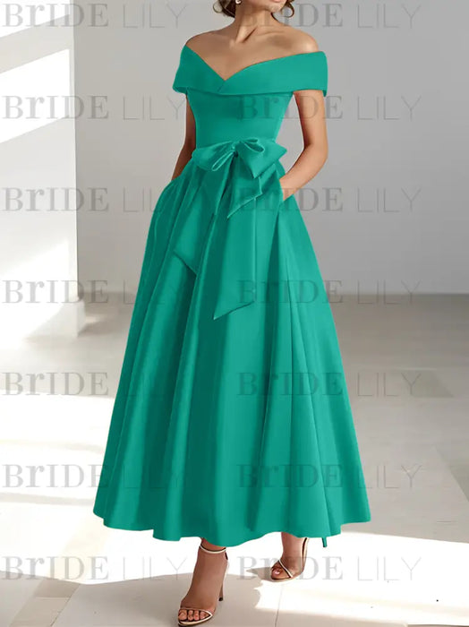 Sleeveless Off-the-Shoulder A-Line/Princess Ankle-Length Mother of the Bride Dresses with Pockets
