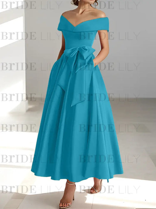 Sleeveless Off-the-Shoulder A-Line/Princess Ankle-Length Mother of the Bride Dresses with Pockets