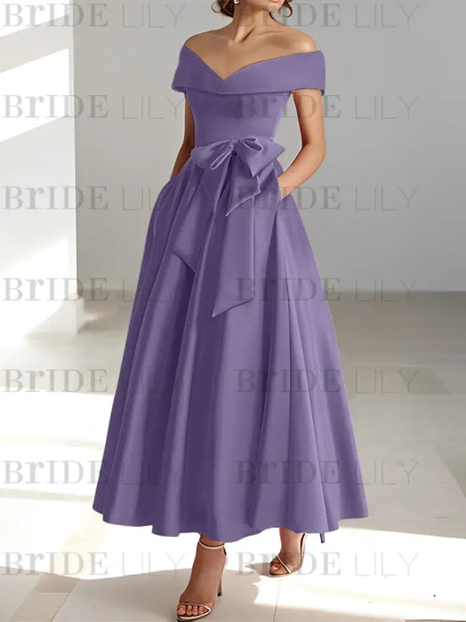 Sleeveless Off-the-Shoulder A-Line/Princess Ankle-Length Mother of the Bride Dresses with Pockets