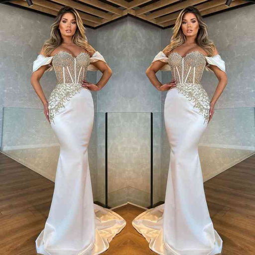 Off-The-Shoulder Appliques Long Mermaid Prom Dress in Beautiful White